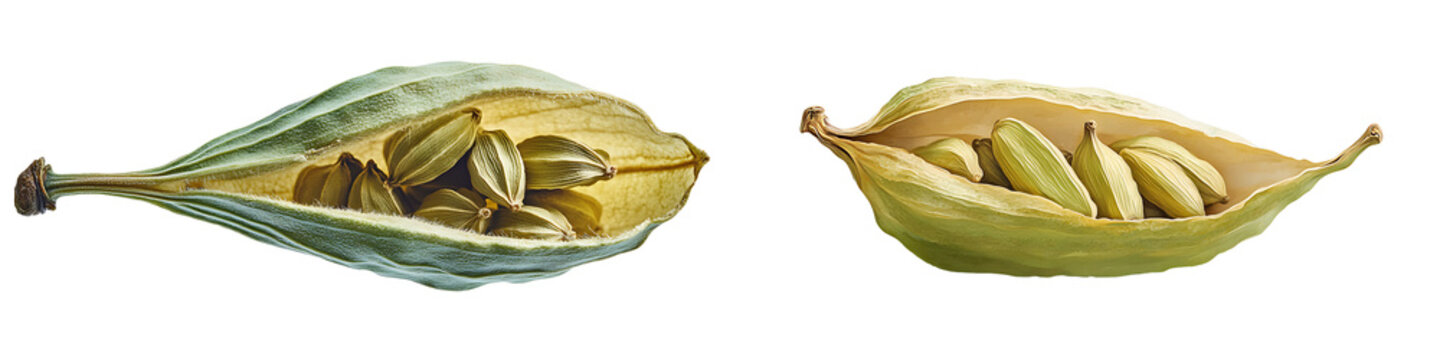 Set of choro or cardamom seeds inside the pod, isolated on a transparent background.