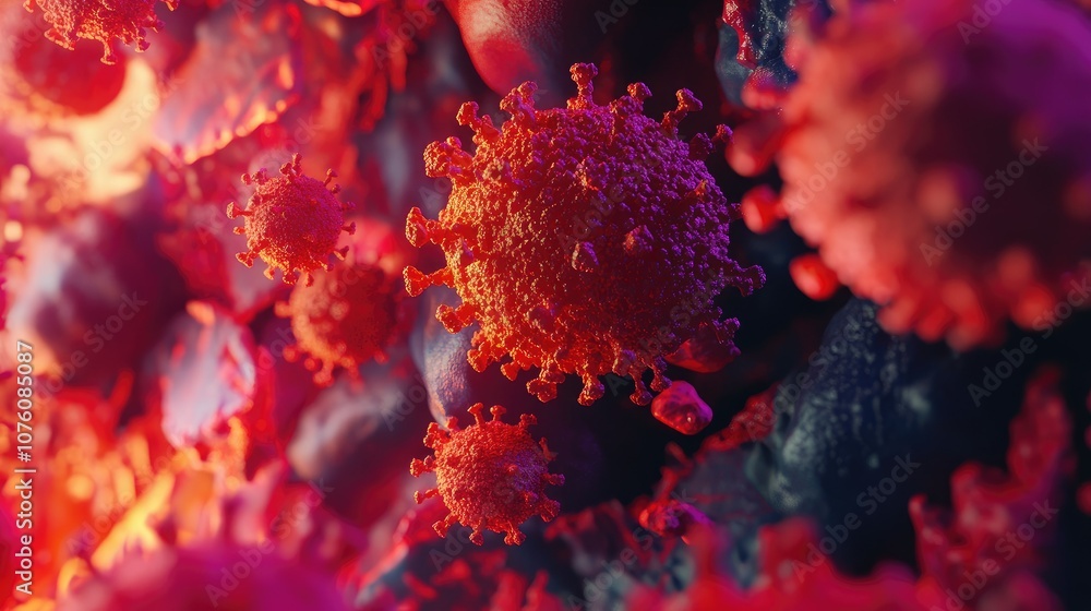 Poster Colorful 3D visualization of virus cells attacking blood, close-up view of interaction at microscopic scale.