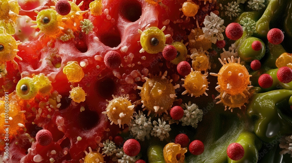 Aufkleber colorful 3d visualization of virus cells attacking blood, close-up view of interaction at microscopi