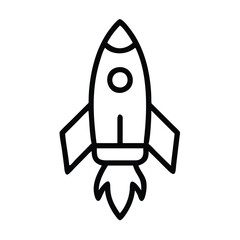 Rocket icon in black outline style, Vector illustration of a rocket with a simple black outline design, symbolizing space exploration, innovation, and startup concepts.
