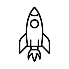 Rocket icon in black outline style, Vector illustration of a rocket with a simple black outline design, symbolizing space exploration, innovation, and startup concepts.
