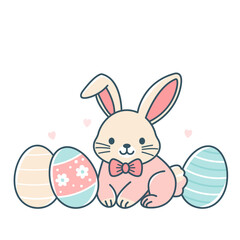 Cute easter bunny with easter basket and eggs. greeting card with hand lettering. vector isolated illustration