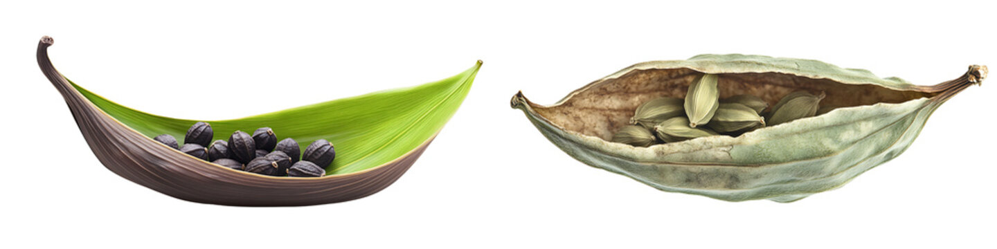 Set of choro or cardamom seeds inside the pod, isolated on a transparent background.