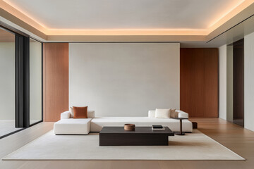 Modern minimalist living room with natural light and neutral tones in a contemporary home
