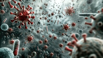 Detailed 3D rendering of immune system response, showing antibodies attacking viral cells at microscopic level.