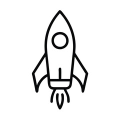 Rocket icon in black outline style, Vector illustration of a rocket with a simple black outline design, symbolizing space exploration, innovation, and startup concepts.
