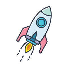 Colorful rocket icon launching with flames, Vector illustration of a rocket launching with a fiery trail, symbolizing space exploration, startups, and innovation.