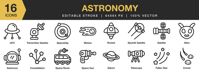 Astronomy icon set. Editable Stroke Icon Collection. Includes alien, astronaut, comet, constellation, fallen star, meteor, and More. Outline icons vector collection.