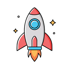 Colorful rocket icon launching with flames, Vector illustration of a rocket launching with a fiery trail, symbolizing space exploration, startups, and innovation.