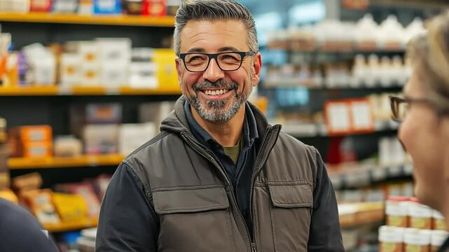 A business owner is at a store with his employees, and they are chatting amiably.