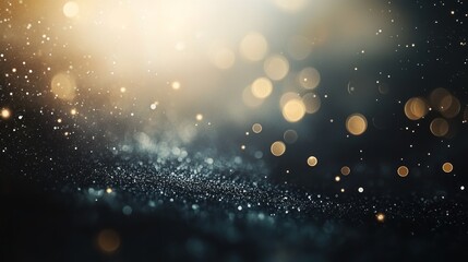 Obraz premium Dark and mysterious christmas background with abstract glitter lights in gold and black tones, featuring a hauntingly festive atmosphere with soft de-focused light effects for holiday-themed designs a