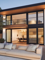 Modern two-story house with a spacious patio and large windows during twilight hours