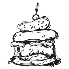 A delicious sketch of a classic burger topped with a pickle and cherry resting on a plate