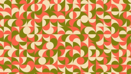 Abstract Geometric Pattern of Interlocking Circles, Squares, and Half Circles in Cream, Olive, and Coral Colors