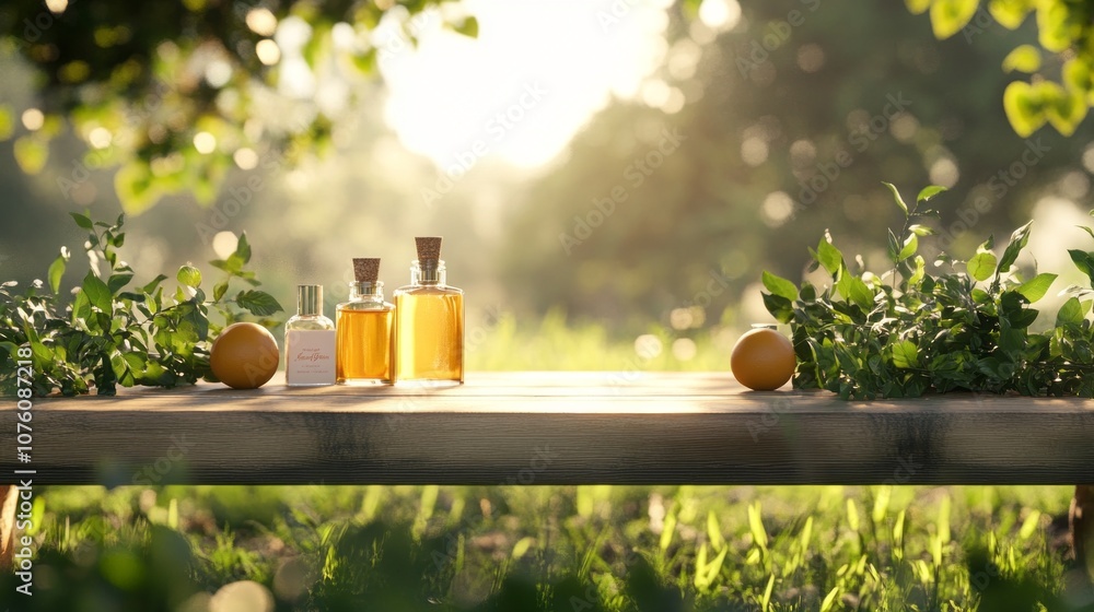 Poster a table with three bottles of perfume and two oranges