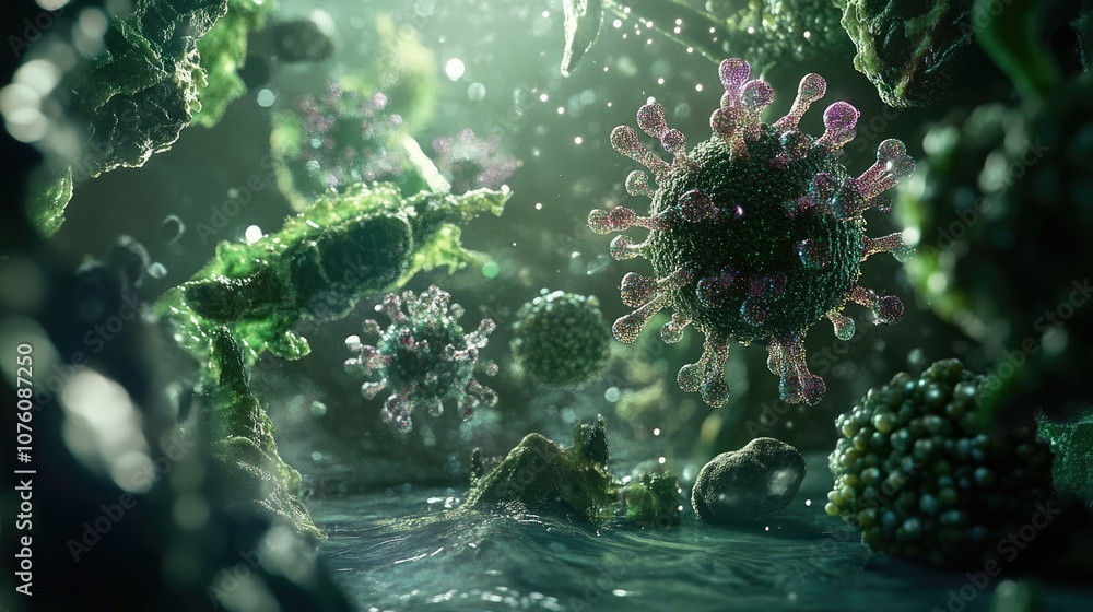 Poster immune system action in 3d, showing b-cells interacting with a virus, releasing antibodies.