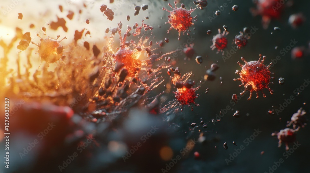 Poster immune system action in 3d, showing b-cells interacting with a virus, releasing antibodies.