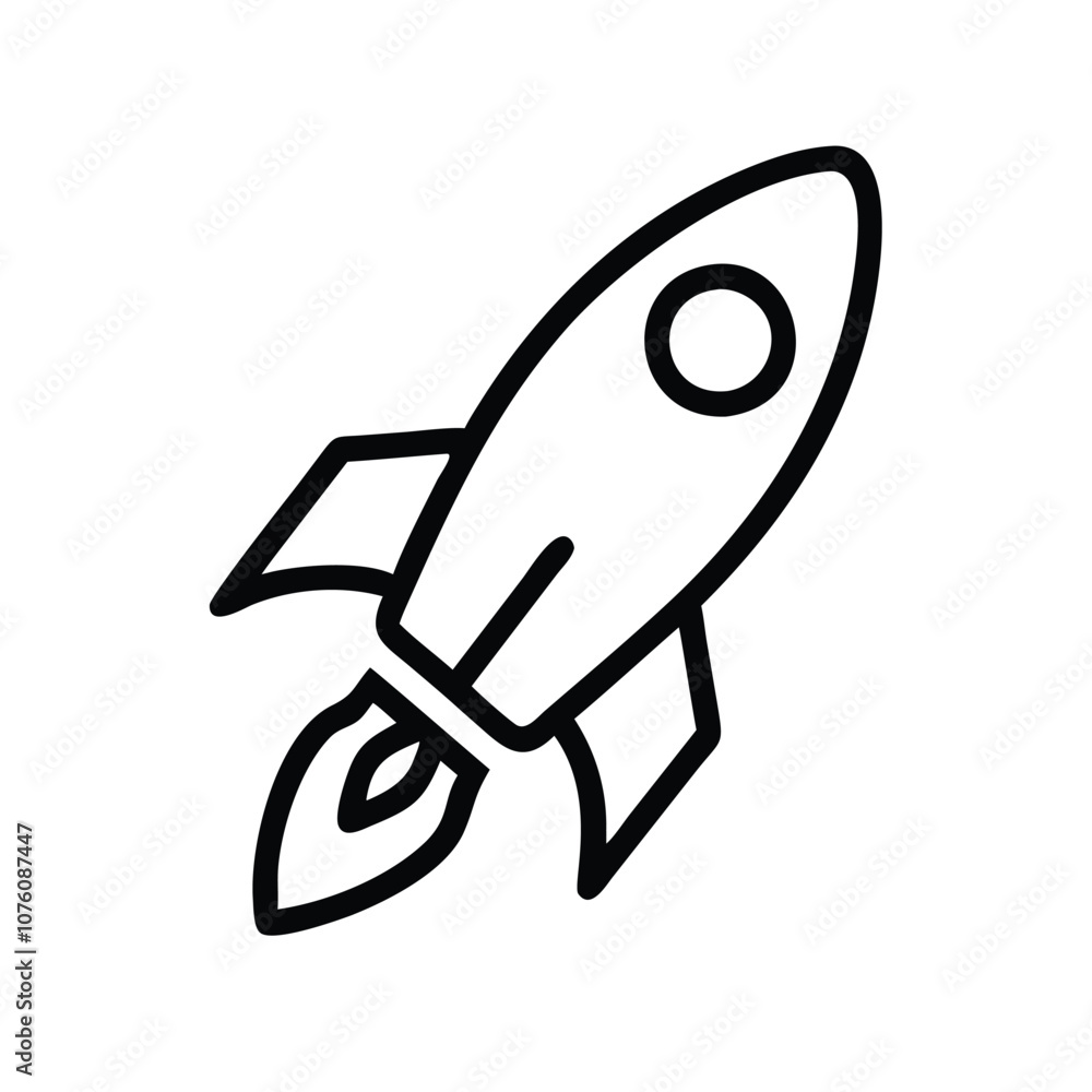 Poster rocket icon in black outline style, vector illustration of a rocket with a simple black outline desi