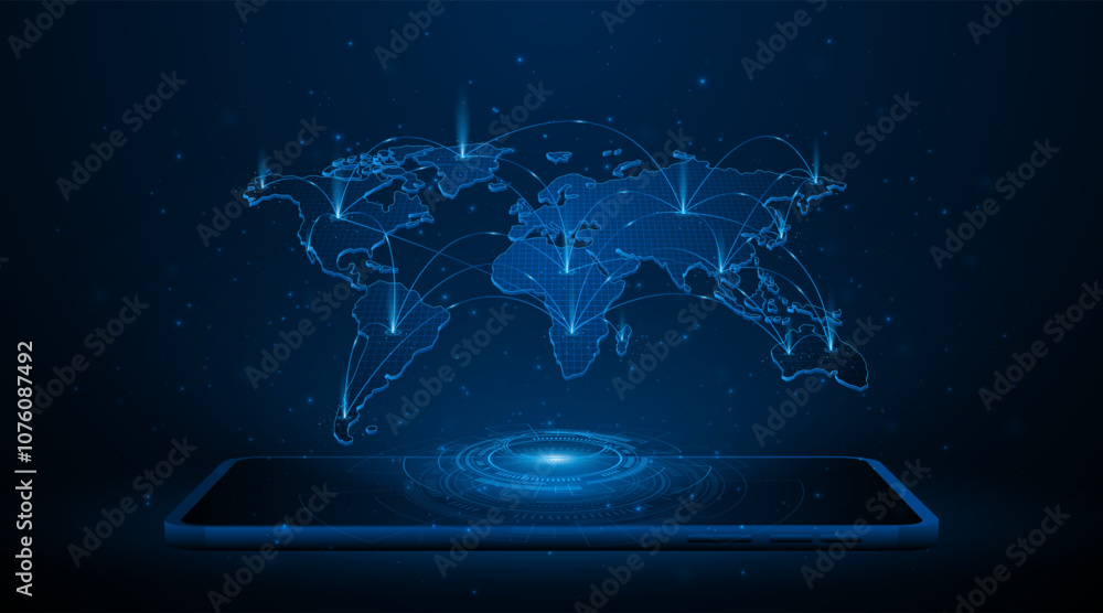 Poster Global connection network background. World map set on a tablet or smartphone. Internet technology concept or global communication.	