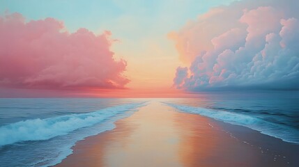 A beach horizon divided by dawn’s gentle pink and blue tones on one side, fading into the intense, saturated hues of sunset on the other, clouds catching both the morning and evening light. --ar 16:9