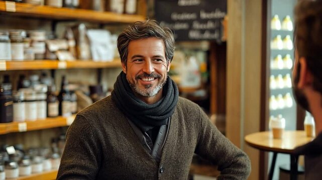A business owner is at a store with his employees, and they are chatting amiably.