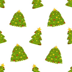 Christmas tree seamless pattern. Christmas background with decorated fir tree. Vector hand drawn print isolated on white background. Illustration for printing, packaging, wrapping paper