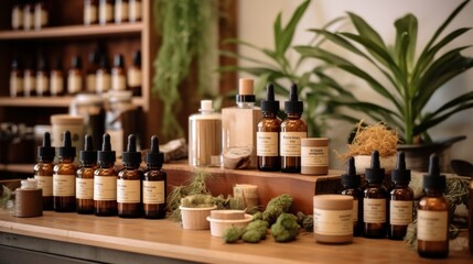 Bottles of Essential Oils on a Wooden Shelf