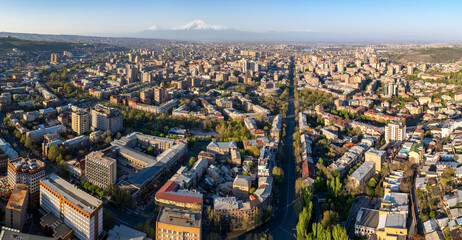 Aerial view of central part of Yerevan, Mashtots Avenue and Mount Ararat on sunny spring morning. Armenia.