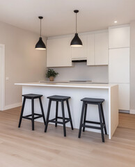 Modern kitchen interior featuring a minimalist design with a white island and black stools