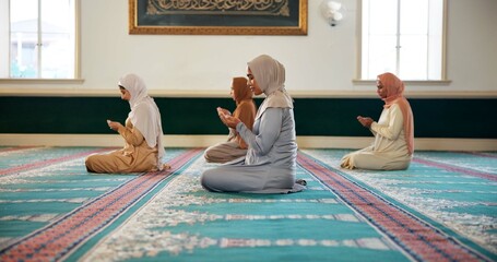 Islam, women and prayer in Mosque for religion, faith and spiritual reverence for worship. Muslim people, profile and respect in hijab for dua, devotion and meditation for Ramadan with mindfulness