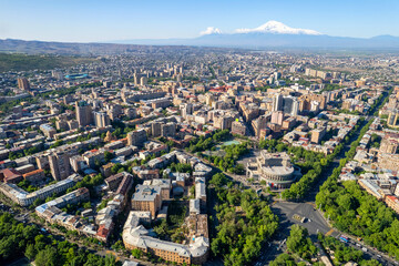 Birds eye view of centre of Yerevan and Mount Ararat on sunny spring day. Armenia.