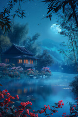 Obraz premium River in the forest with house and vibrant colors tree and flowers version 2