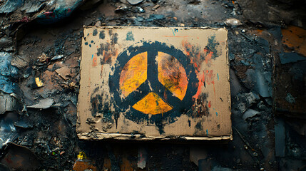 A Yellow Peace Symbol Painted on a Cardboard Sign, Abandoned on a Weathered Ground