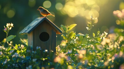 Birdhouse in the garden Surrounded by green grass and blooming flowers. The sunlight shines through the leaves.
