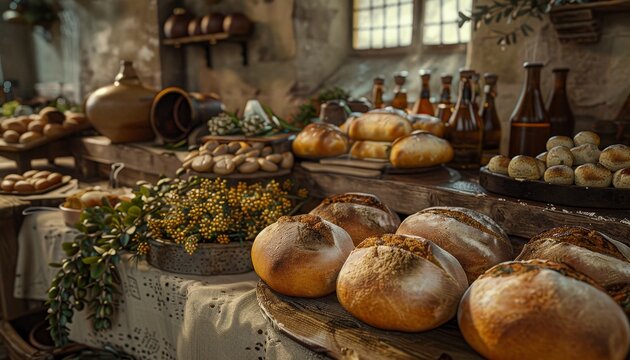 A rustic table laden with freshly baked bread, pastries, and other goods, in a warmly lit room with a window and stone walls.