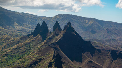 magnificent panoramic aerial view of the AAKAPA valley and these majestic peaks on the island of NUKU HIVA in the Marquesas archipelago in French Polynesia

