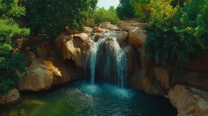 Naklejka premium Serene Waterfall Cascading into Tranquil Pool