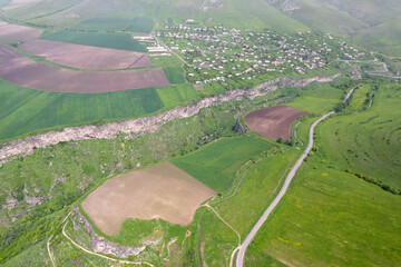Aerial view of Yaghdan village on sunny spring day. Lori Province, Armenia.