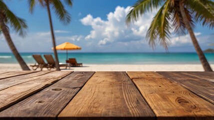 Fototapeta premium Empty wooden table on blur background of beautiful beach for mockup summer product display or travel ad. Picnic table with customizable space on table-top for editing.