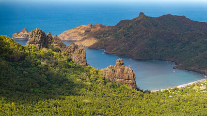 Magnificent aerial view of HATIHEU bay on the island of NUKU HIVA in the Marquesas archipelago in French Polynesia © Thomas