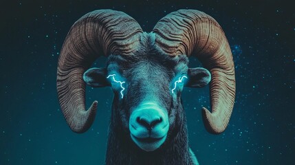 Aries ram with lightning in eyes, dynamic force