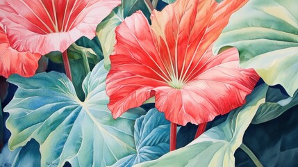 Vibrant Red Leaves with Green Background in Watercolor
