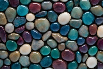 Mosaic of round stones in jewel tones polished and glossy with soft lighting, AI Generated