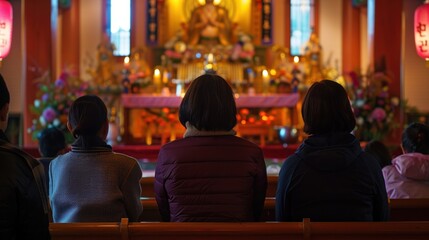 Worshippers gather at a Korean temple to offer prayers and show respect during Seollal celebrations in a tranquil setting