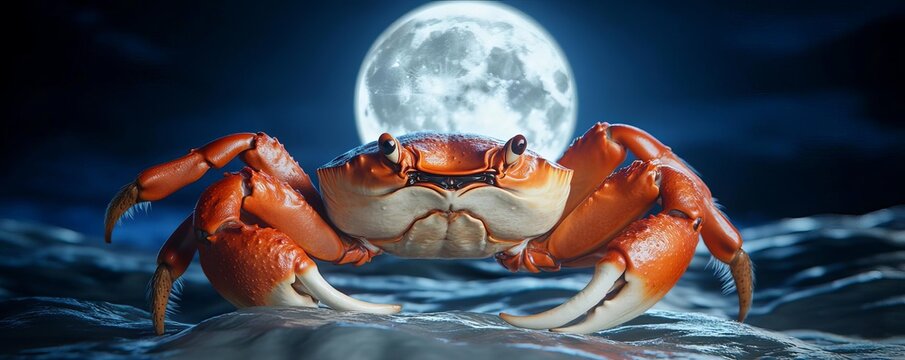 Cancer crab under full moon, gentle waves in background, nurturing vibes