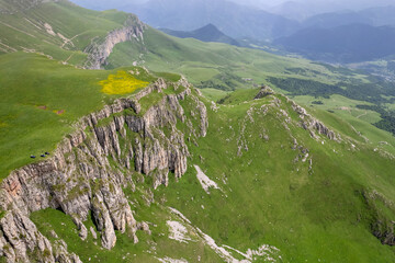 Drone view of Mount Dimats on sunny spring day. Haghartsin, Armenia.