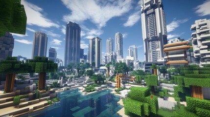 Modern Cityscape with Water and Trees