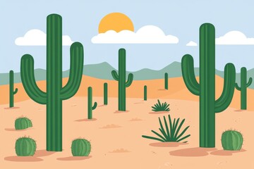 A desert landscape with several cacti and a bright sun shining in the sky.