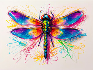 Colorful dragonfly in chaotic wax crayon drawing style
