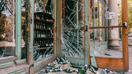 The aftermath of a liquor store robbery shows a shattered door, empty shelves, and bottles strewn across the floor
